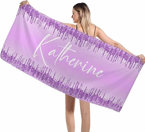 Miniatura 15 de Interestprint Toalla de playa personalizada con logotipo de secado rápido para él y ella, toalla de playa personalizada con texto blanco y morado