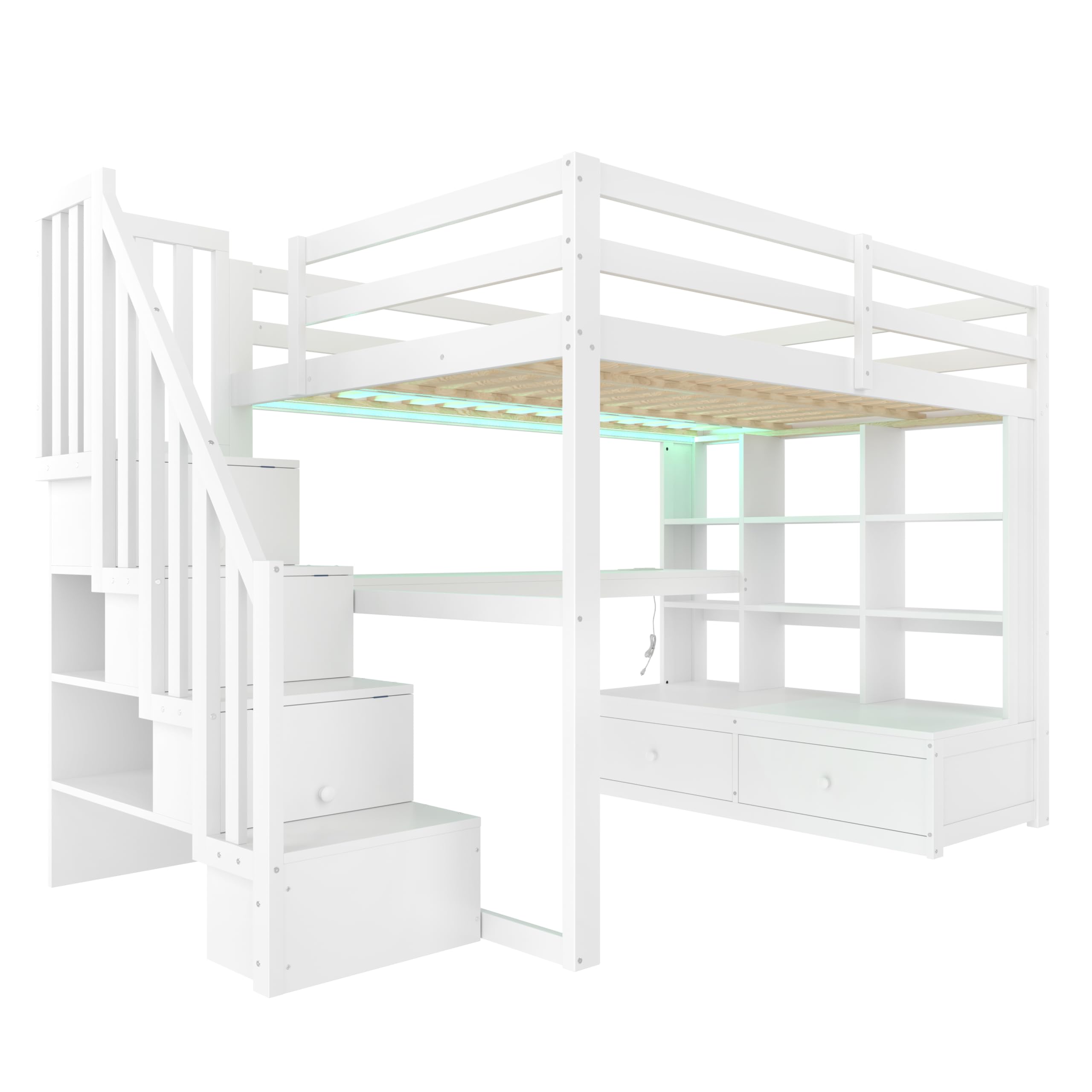 Su & Chan Legence Hochbett 140x200 mit Schreibtisch, Kinderbett aus massivem Kiefernholz mit Stauraumtreppe, Schubladen, Regalen und LED Beleuchtung, Weiß