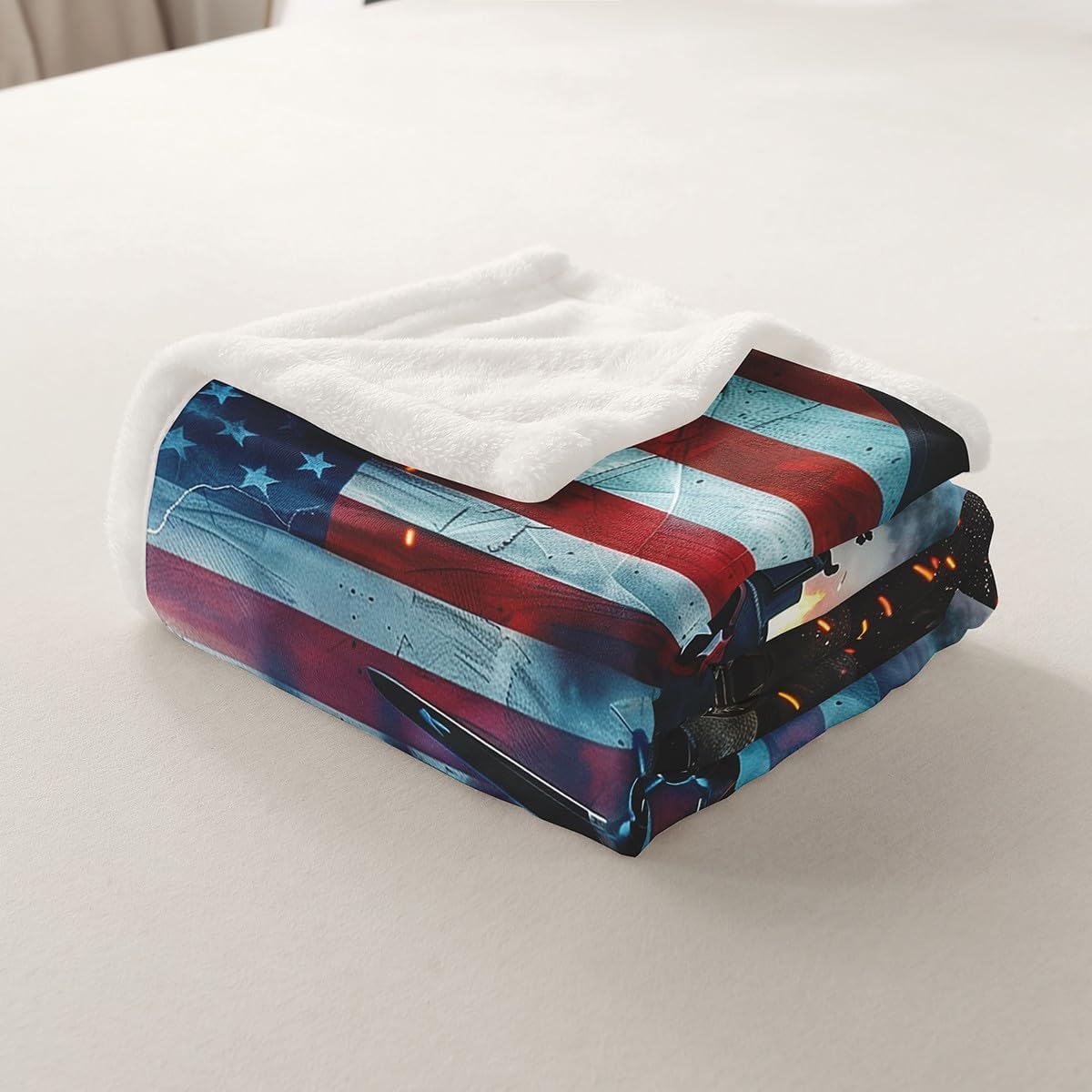 American Flag Sherpa Blanket Tank Gun Fleece Bed Blanket Military Theme Plush Blanket Throw For Boys Men Camouflage Bedroom Fighter Plane National Flag Aircraft Fuzzy Blanket Sofa Decor Throw 50"x60"