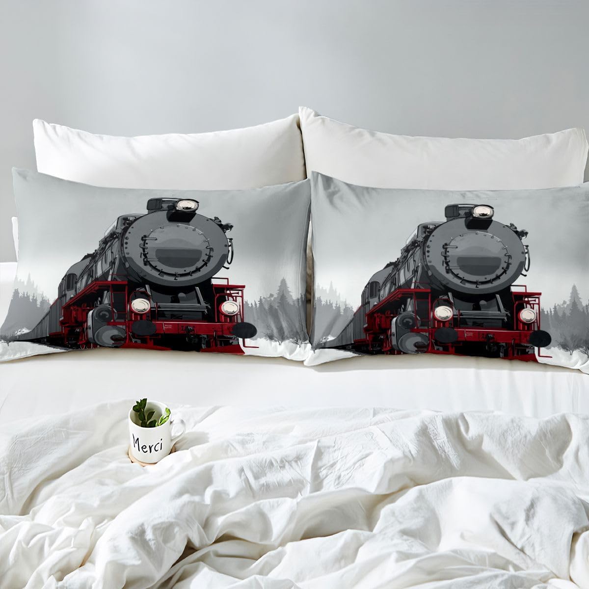 Feelyou Steam Engine Bedding Set Queen For Kids Boys, Locomotive Red Black Train on Steel Railway Track Travel Adventure Graphic Print, Decorative 3 Piece Comforter Cover with 2 Pillow Shams, Red Grey