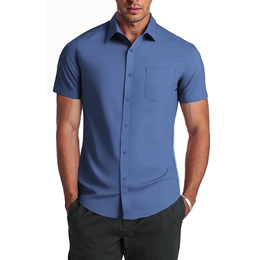 COOFANDY Camisa social masculina casual, de manga curta, negócios, casual, sem rugas, com bolsos