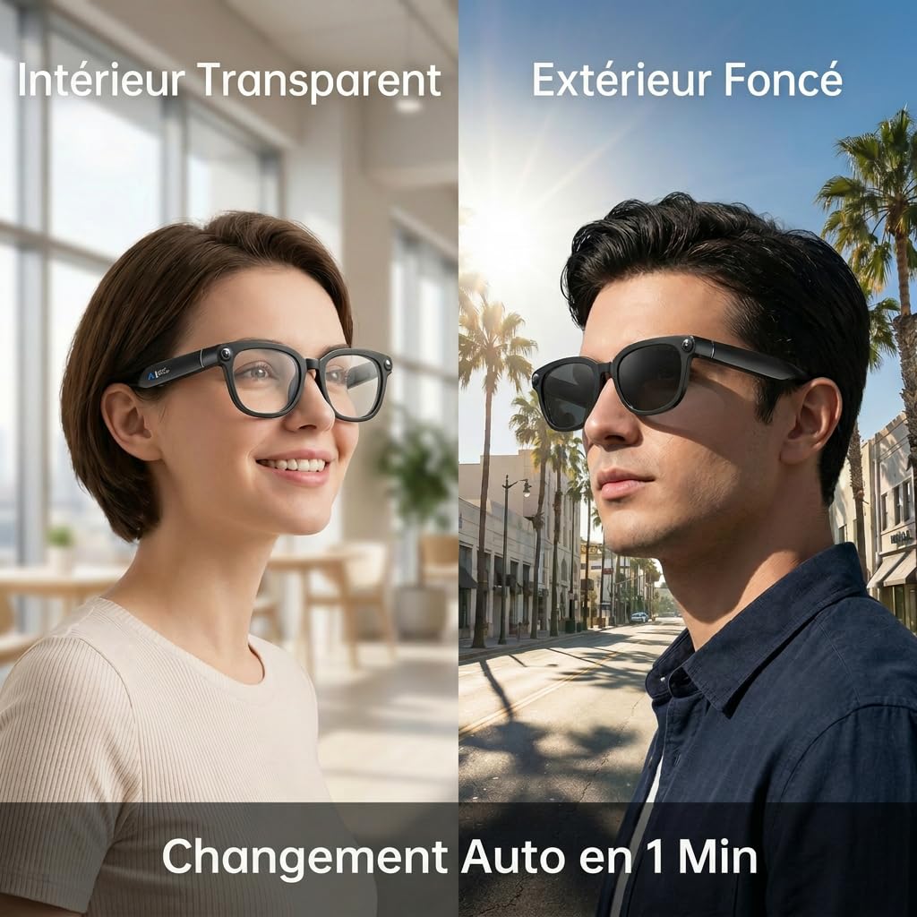 Lunette Camera HD, 13MP Lunettes Connectées IA, Verres Photochromiques à Changement de Couleur, Assistant IA pour Traduction en Temps Réel, 11 Heures d'Autonomie