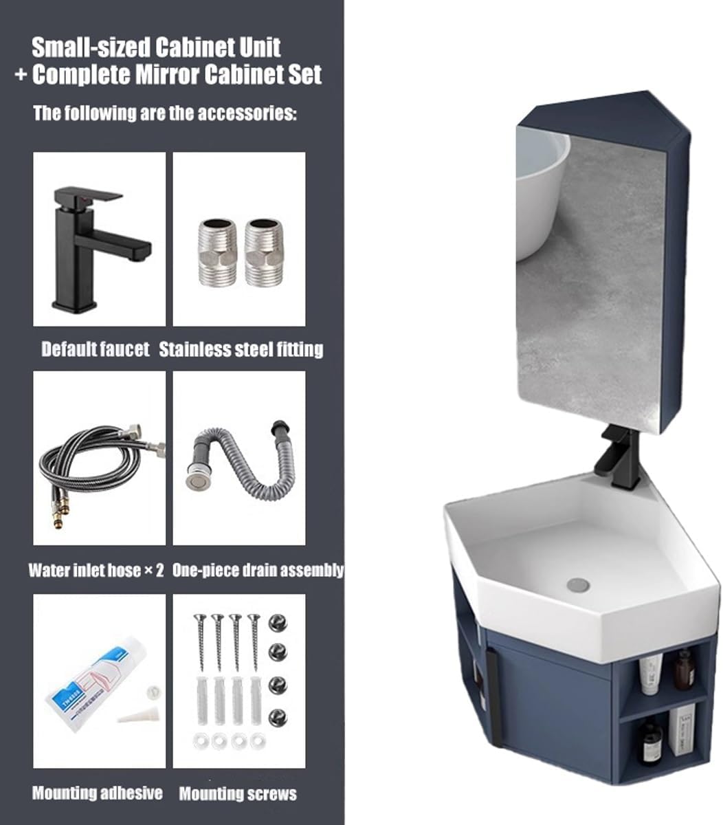 Small Corner Bathroom Vanity, Vessel Cabinet Sink Combo, Wall Mount Triangle Ceramic Counter Sinks,for Small Cloakroom, Space-Saving Design(Sink+Mirror Cabinet Package)