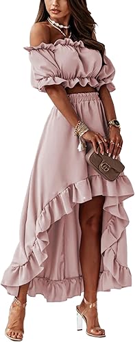 Miniatura 4 de LYANER Conjunto de dos piezas para mujer con blusa corta con hombros descubiertos y falda alta y baja