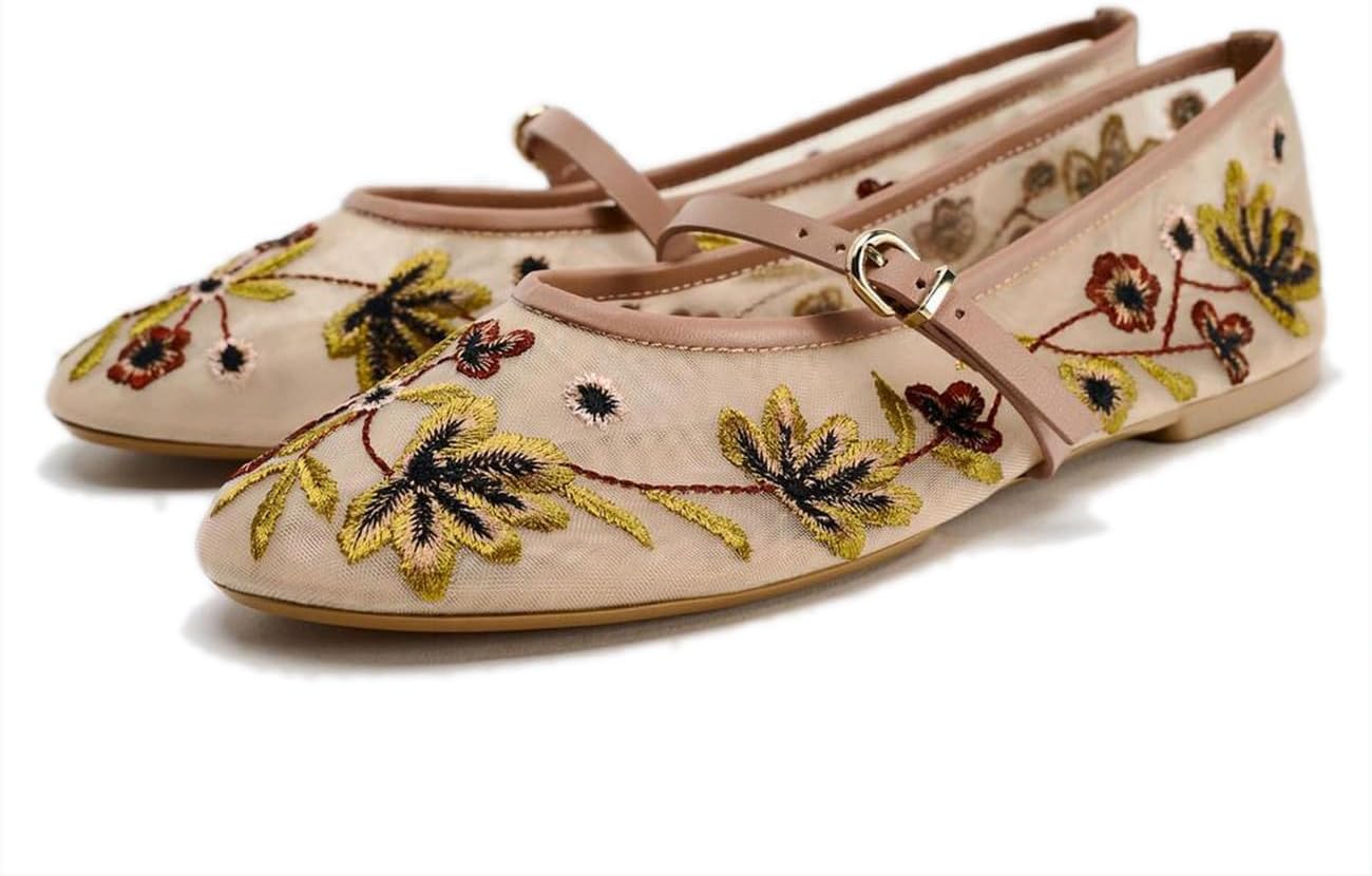 Mesh Ballet Flats for Women Embroidered Floral Mary Jane Flats Round Toe Slip On Ballerina Shoes Comfortable Casual Daily Dress Flat Shoes
