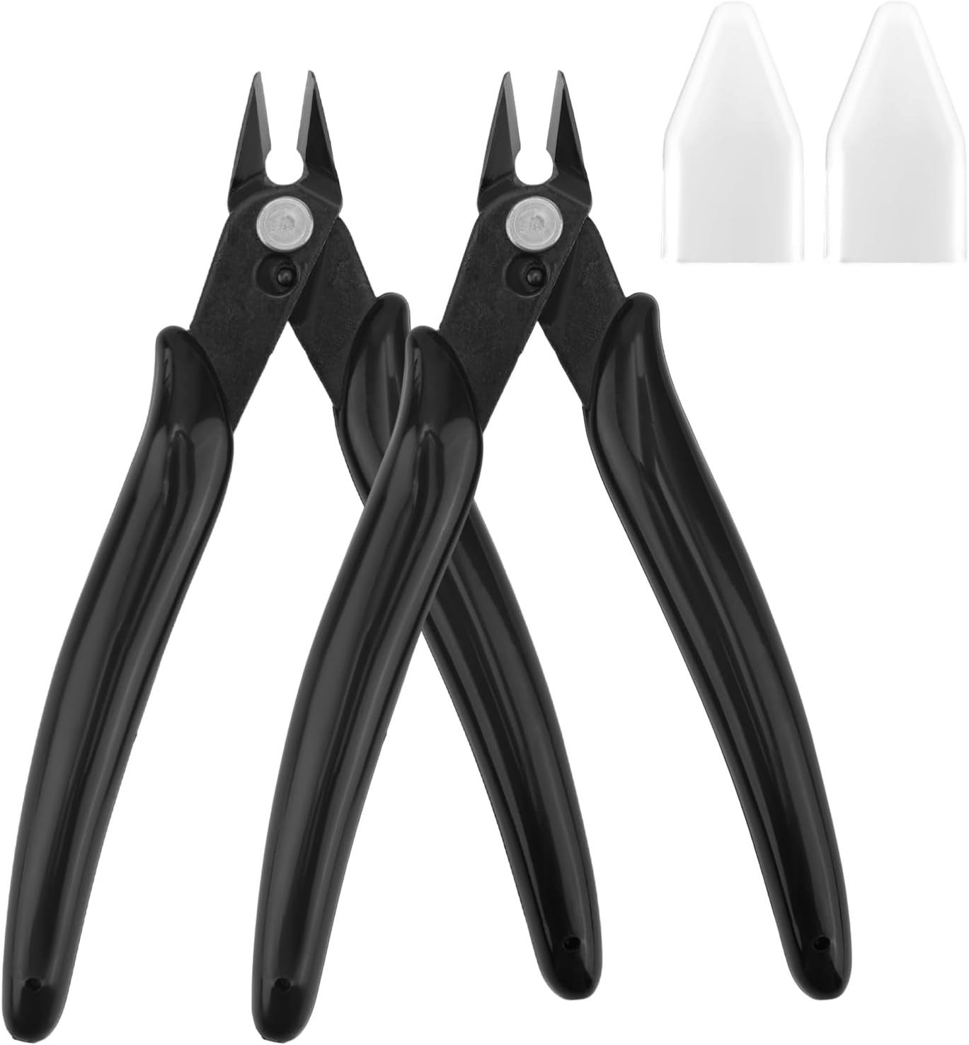 2pcs Micro Mini Small Wire Cutters, Anti-Slip Rubber Black Flush Sprue Cutter Needle Nose Cutting Pliers with 2 Plastic White Covers Portable Hand Tools for Floral Electronics Jewelry Model Making