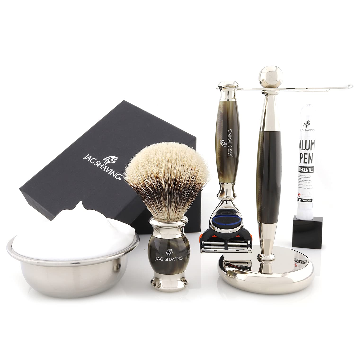Jag Shaving Rasierset - 3-teiliges Rasierset - JAG's LEE Range - Silberspitz Dachshaar Rasierpinsel - 5 Rasierklingen Rasierhobel - Rasierständer - Grüne Hornimitation Farbe
