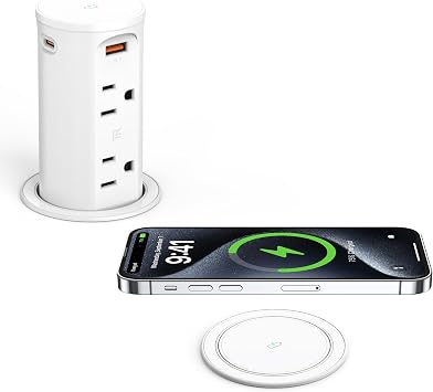 Pop Up Outlet for Countertop with 15W Wireless Charging Pad,20W USB C,Recessed Power Strip 2.5-Inch Hole,Tamper Resistant Receptacle,4 USB,4 Outlets for Kitchen,Office Desk,ETL Listed White