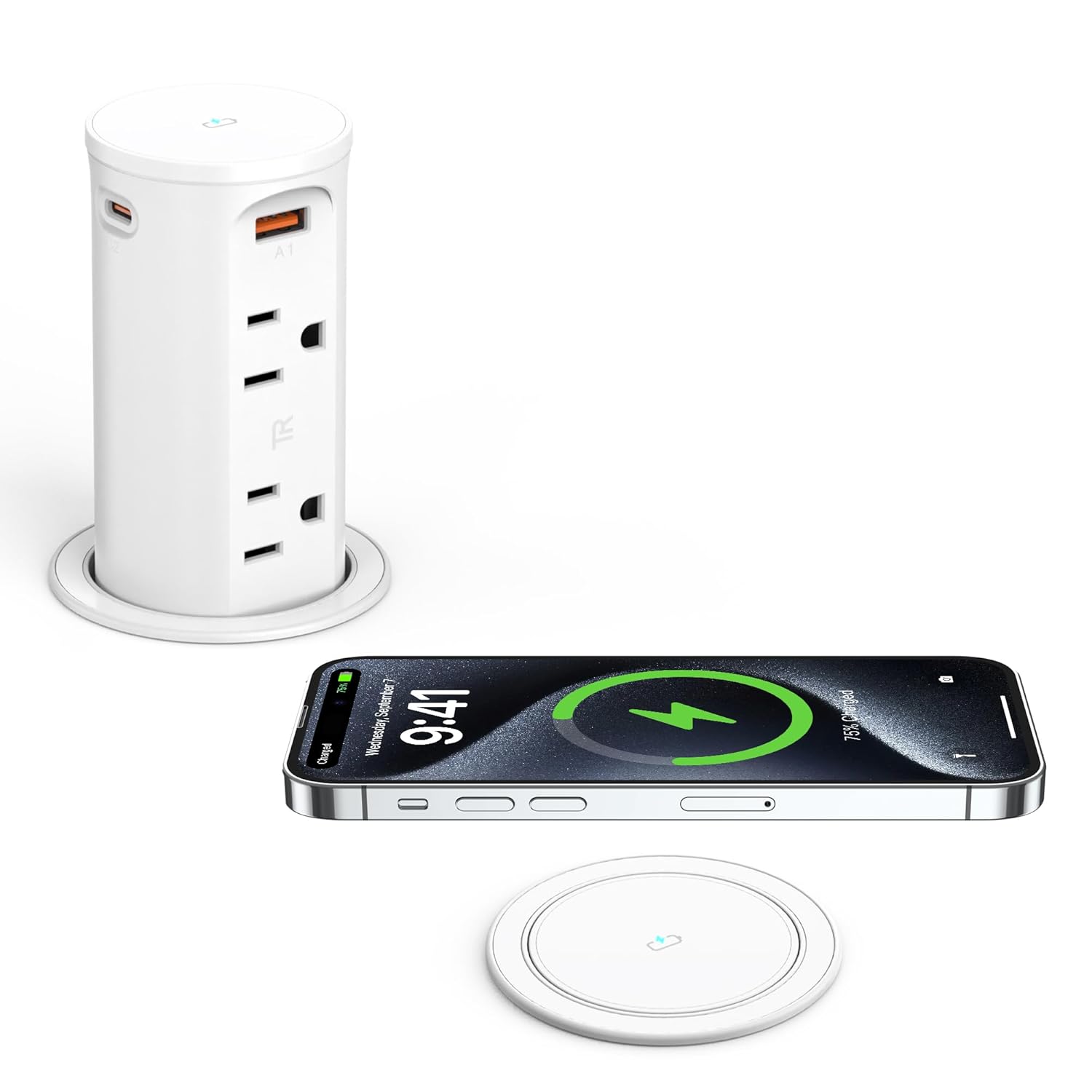 Pop Up Outlet for Countertop with 15W Wireless Charging Pad,20W USB C,Recessed Power Strip 2.5-Inch Hole,Tamper Resistant Receptacle,4 USB,4 Outlets for Kitchen,Office Desk,ETL Listed (White)