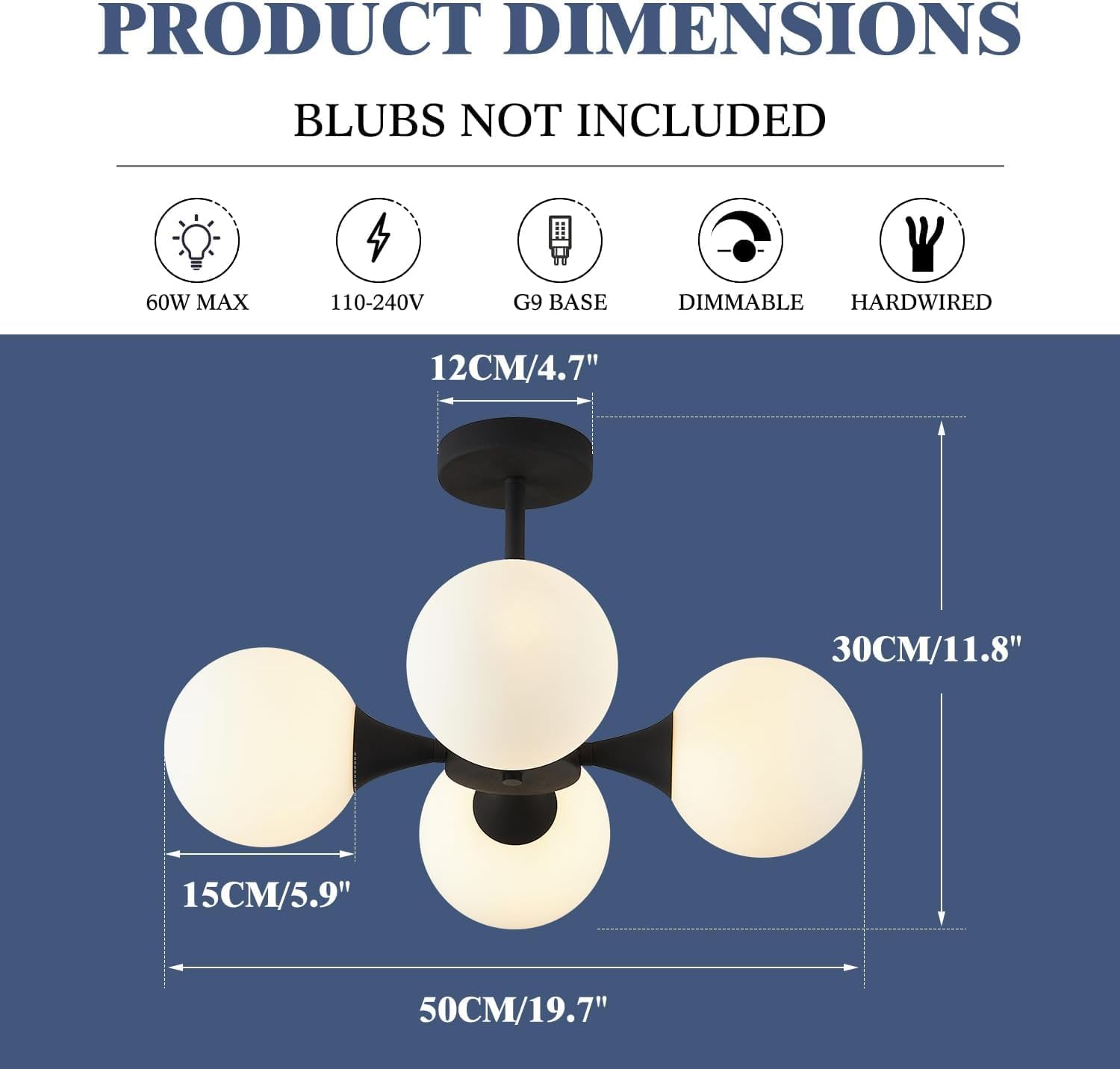 KCO Lighting Mid Century Modern Semi Flush Mount Ceiling Light Fixture Farmhouse Black Globe Sputnik Chandelier Ceiling Light 4-Light Milk Glass Hallway Ceiling Light Black 4 Light