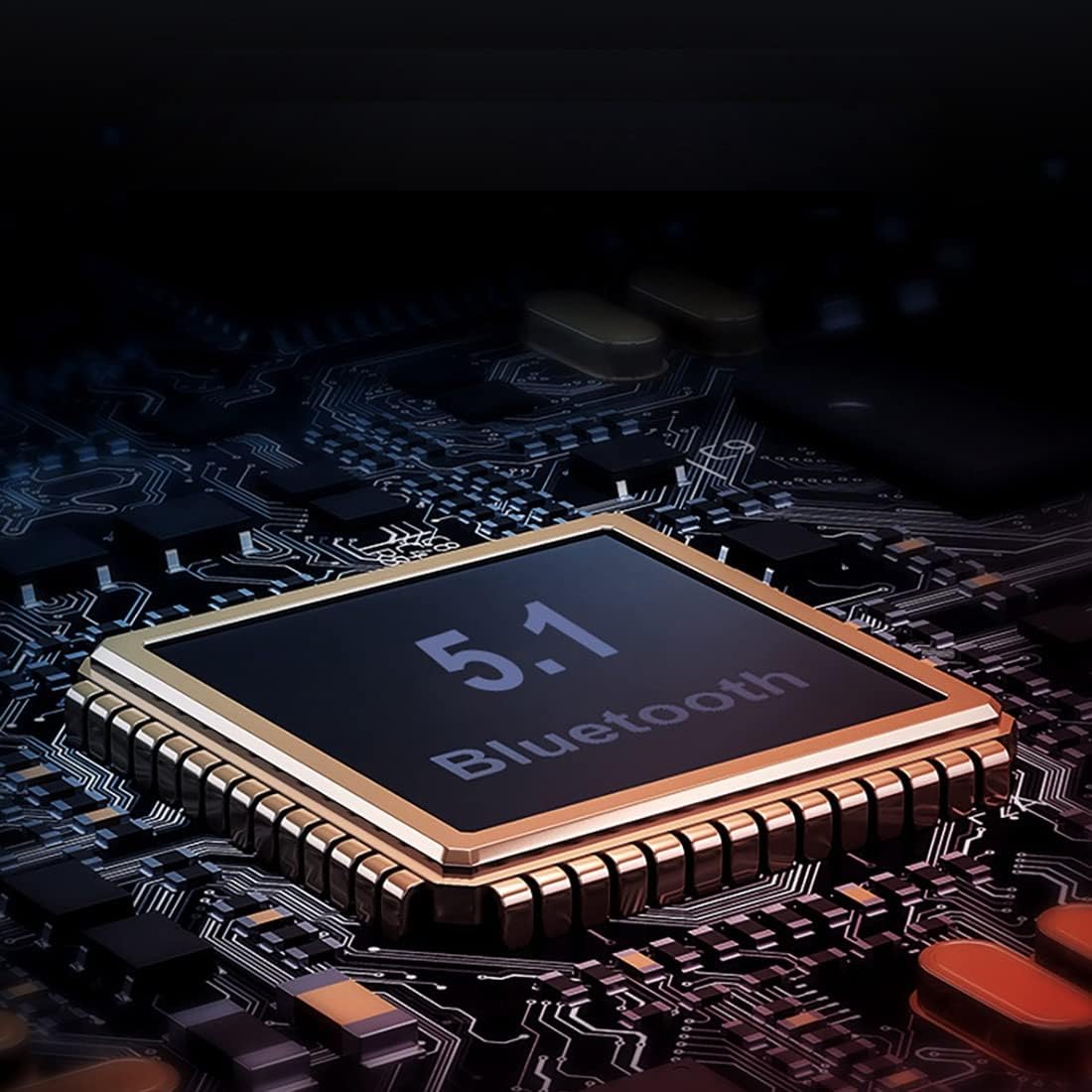 Close-up of a Bluetooth 5.1 chip, representing the advanced technology inside the headset