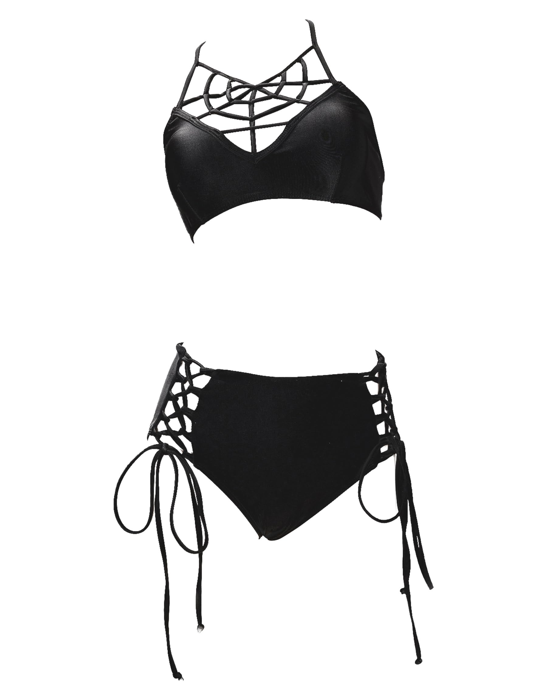 Photo 1 of MEOWCOS Gothic Dark Style Swimsuit Black Spiderweb Chest Top Lace up Bottom Two-Piece Swimsuit