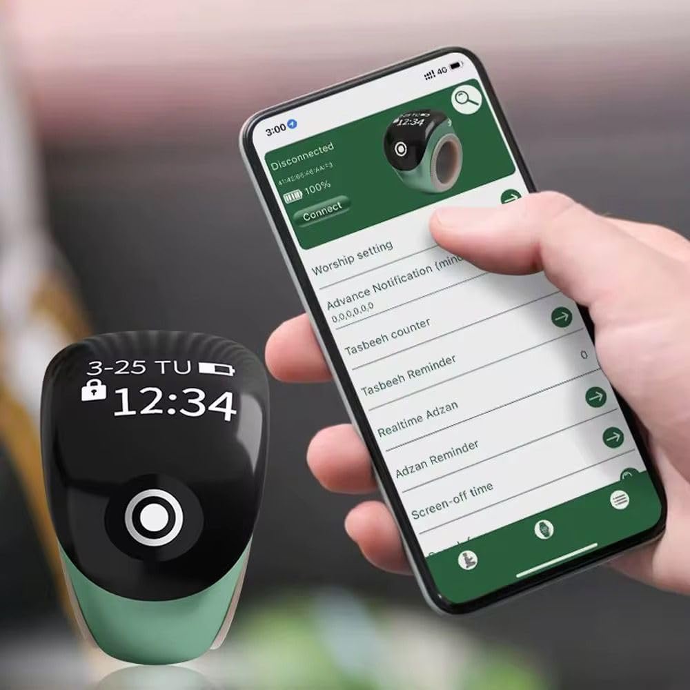 Smart Digital Tasbih Ring Adjustable Size | OLED Display Zikr Finger Counter | Alarm Clock, Prayer Time Reminder, Bluetooth App | Rechargeable Islamic Eid Gift Tasbeeh Tally Counter