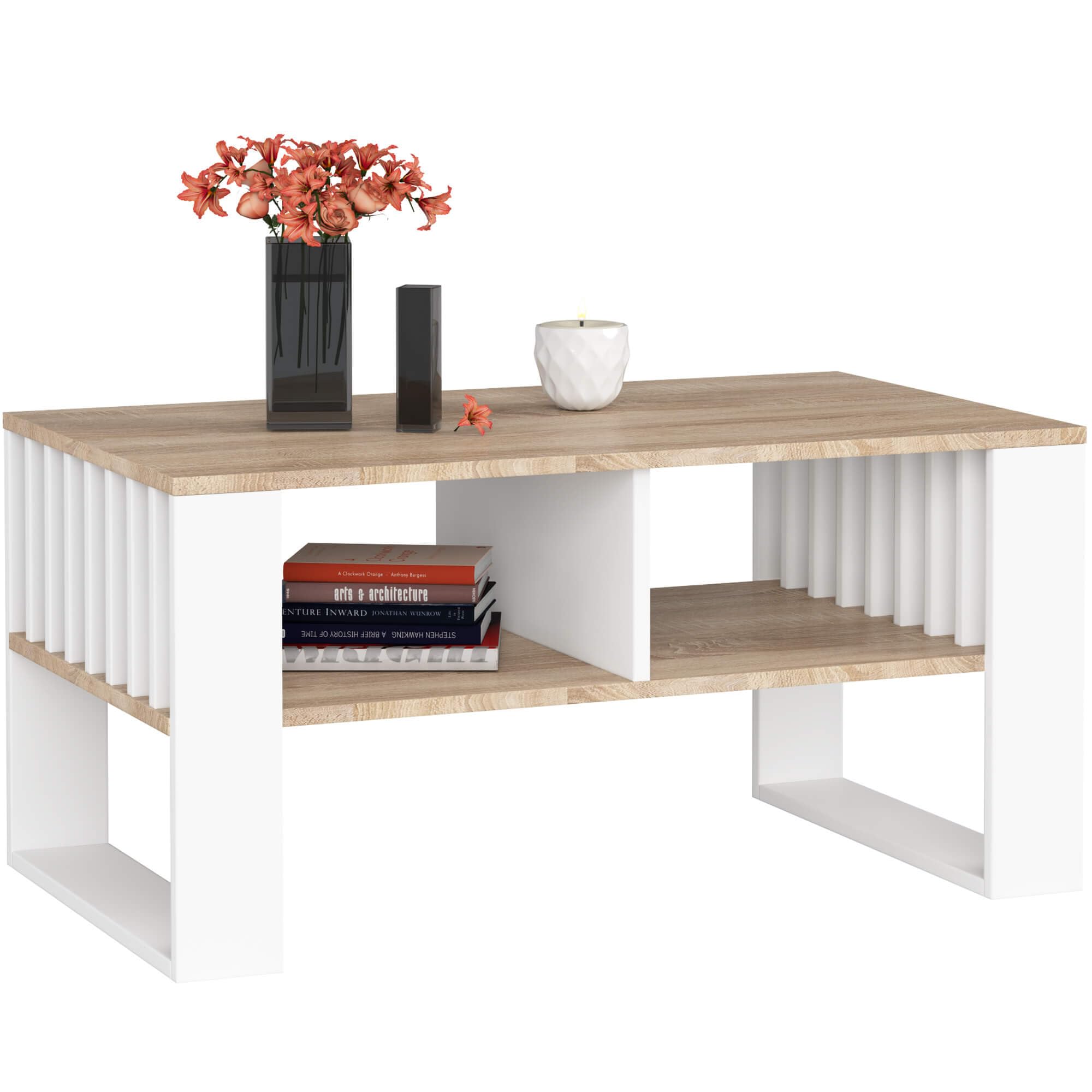 AKORD Mesa de Centro Rockford Roble Sonoma 92 cm con Estructura de Patas Blancas A92xL45xF53 cm