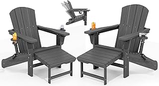 Folding Adjustable Adirondack Chair with Retractable Ottoman Set of 2, HDPE All Weather Chair with Cup Holder, Wood-Like Recliner Adirondack Outdoor Chair - Versatile Adirondack Chair, Grey