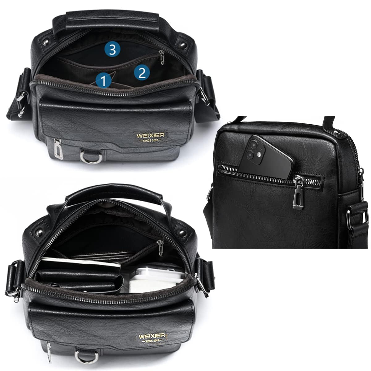 Bandoleras Hombre Cuero Bolso de Bombro Pequeña Mariconera Cruzada Bolso de Negocios Mano Hombre Vintage Bolsas de Trabajo Teléfono Cartera Monedero para Viajes,Compras (Negro Bolso Bandolera Hombre)