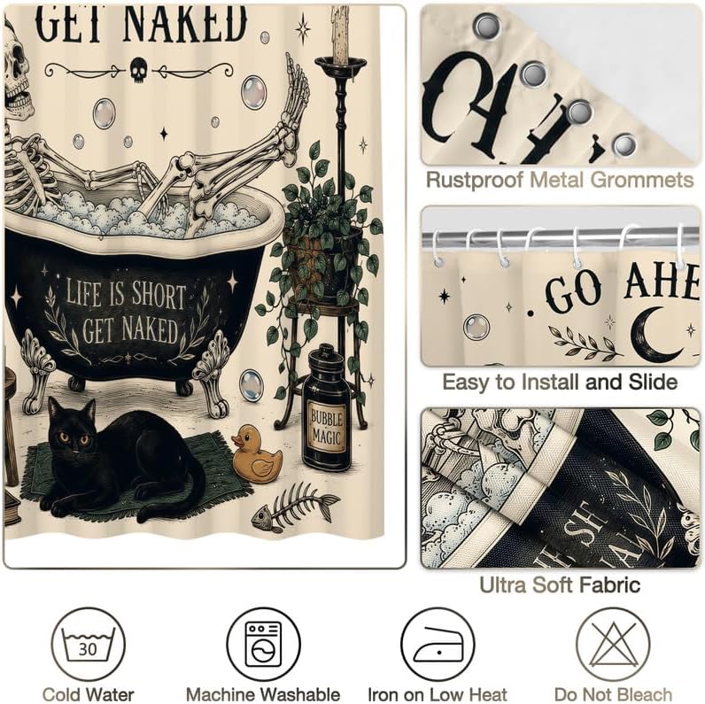 Halloween Gothic Funny Skull Shower Curtain, Retro Goth Skeleton Unique Cool Bone in Bathtub Bathroom Curtains Set, 72x72 inch, Holiday Bath Decor Waterproof Fabric with 12 Hooks image 4