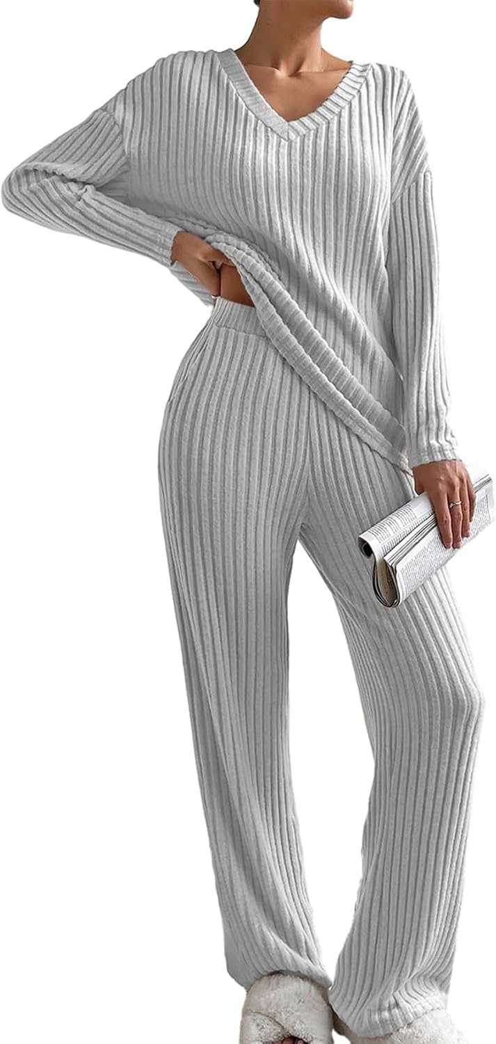 SHEWIN Women’s Pajama Sets Long Sleeve Short Sleeve 2 Piece Lounge Sets Ribbed Knit Sweater Sleepwear