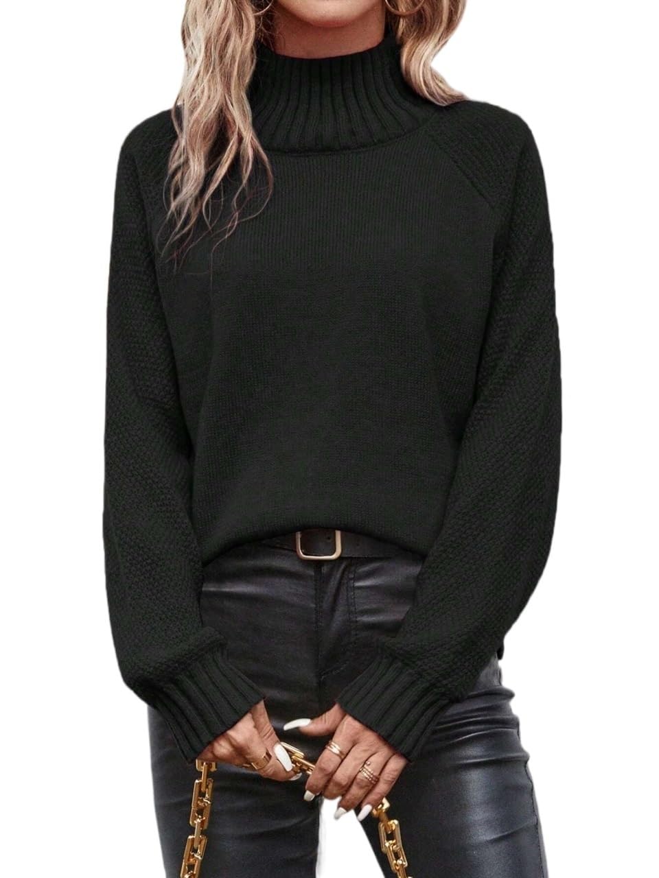 Womens Comfy Rib-Knit Loose High Neck Raglan Sleeve Sweater Pullovers Fall Winter Fashion Tops