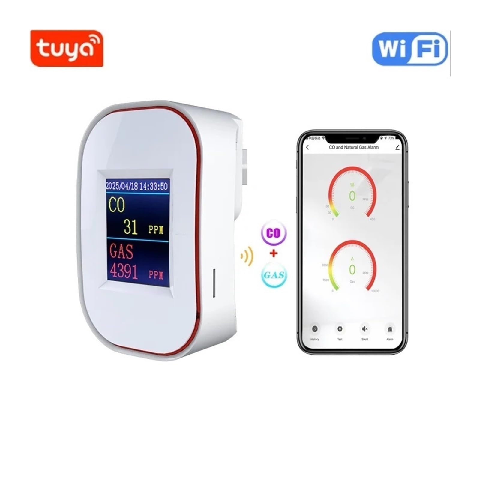 Detektor wycieku tlenku węgla Tuya Natural Gas Co. Wi-Fi CH4 Wyciek metanu i palnego węgla Czujnik alarmu domowego dla gazu Do pracy i domu