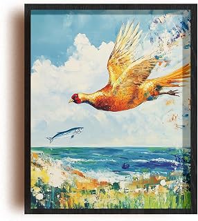 (Unframed) (16x20 Inch) Matte Wall Art Print Of Abstract Expressionism Poster: Golden Pheasant diving toward the ocean for fish in a bright summer countryside - Eco-Friendly Poster, Custom Decor for