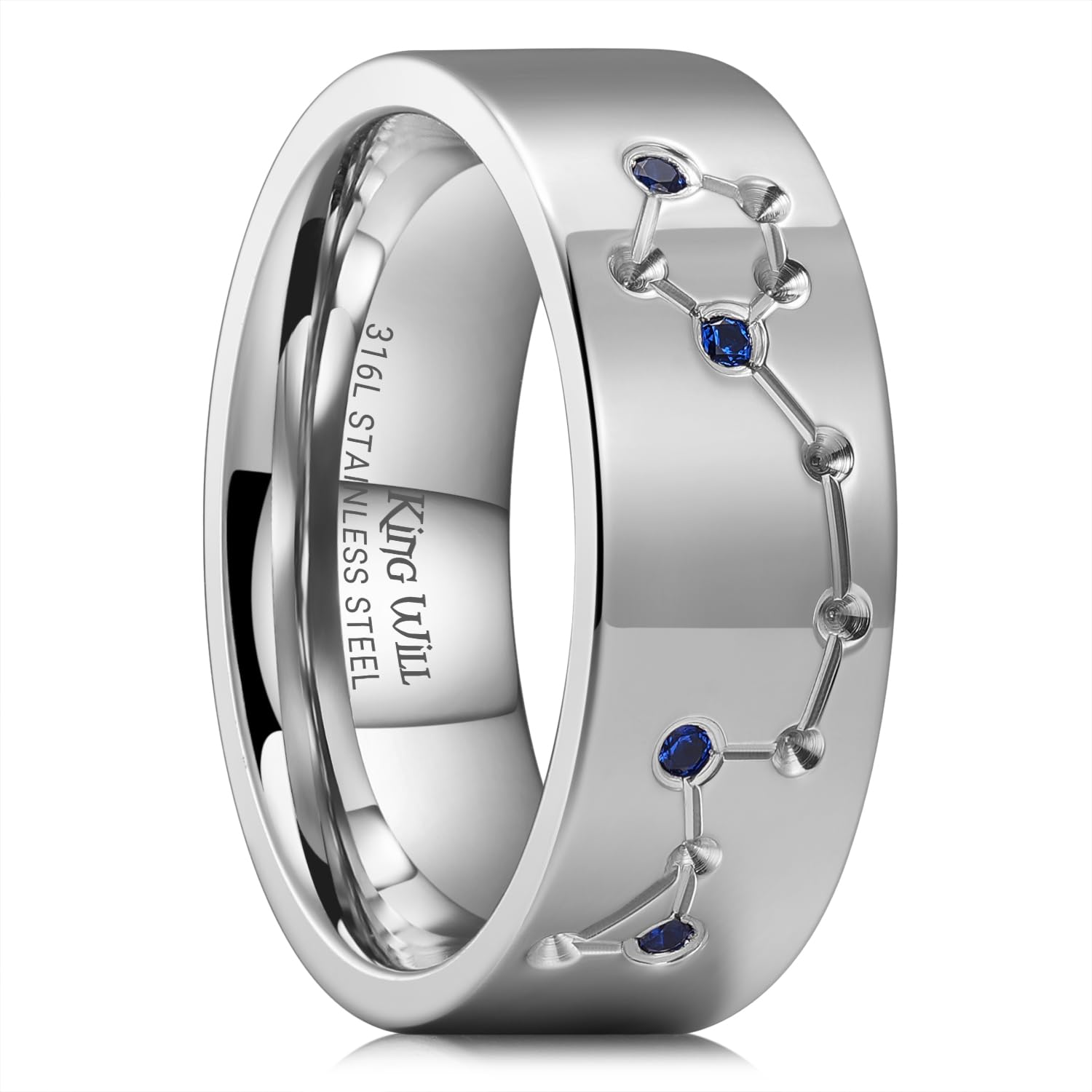 King Will Men's Engagement Ring - Stainless Steel 8mm Steel-Color Ring with Flat Cut Design and Zircon Stone | Zodiac Series