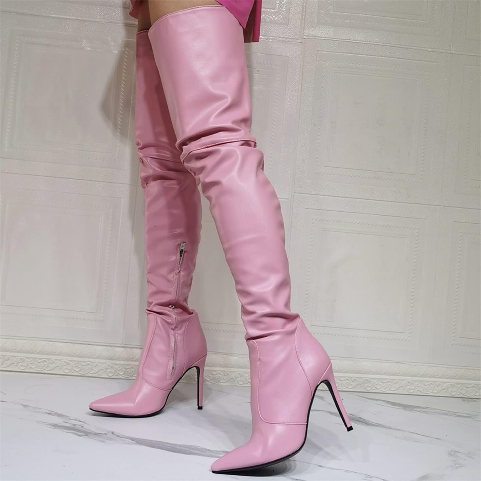BeAUZQ Damenmode Rosa Spitz Overknee Stiefel Sexy Oberschenkelhohe Stiefel Fetisch High Heels Sexy Stripper Club Pole Dance Party Schuhe