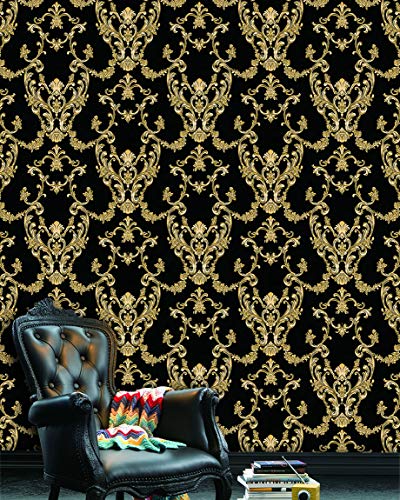 YIFU Life F20309 Luxury Damask Embossed Wallpaper Rolls, Black/Golden Wall Paper Home Bedroom Living Room Hotels Wall Decoration 20.8