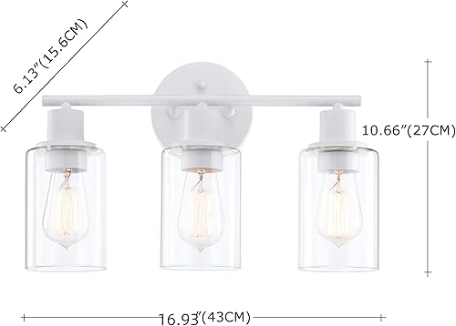 Miniatura 6 de WISBEAM Lámpara de pared de tocador de baño de 3 luces, accesorios blancos sobre espejo con pantalla de vidrio transparente que incluye base mediana