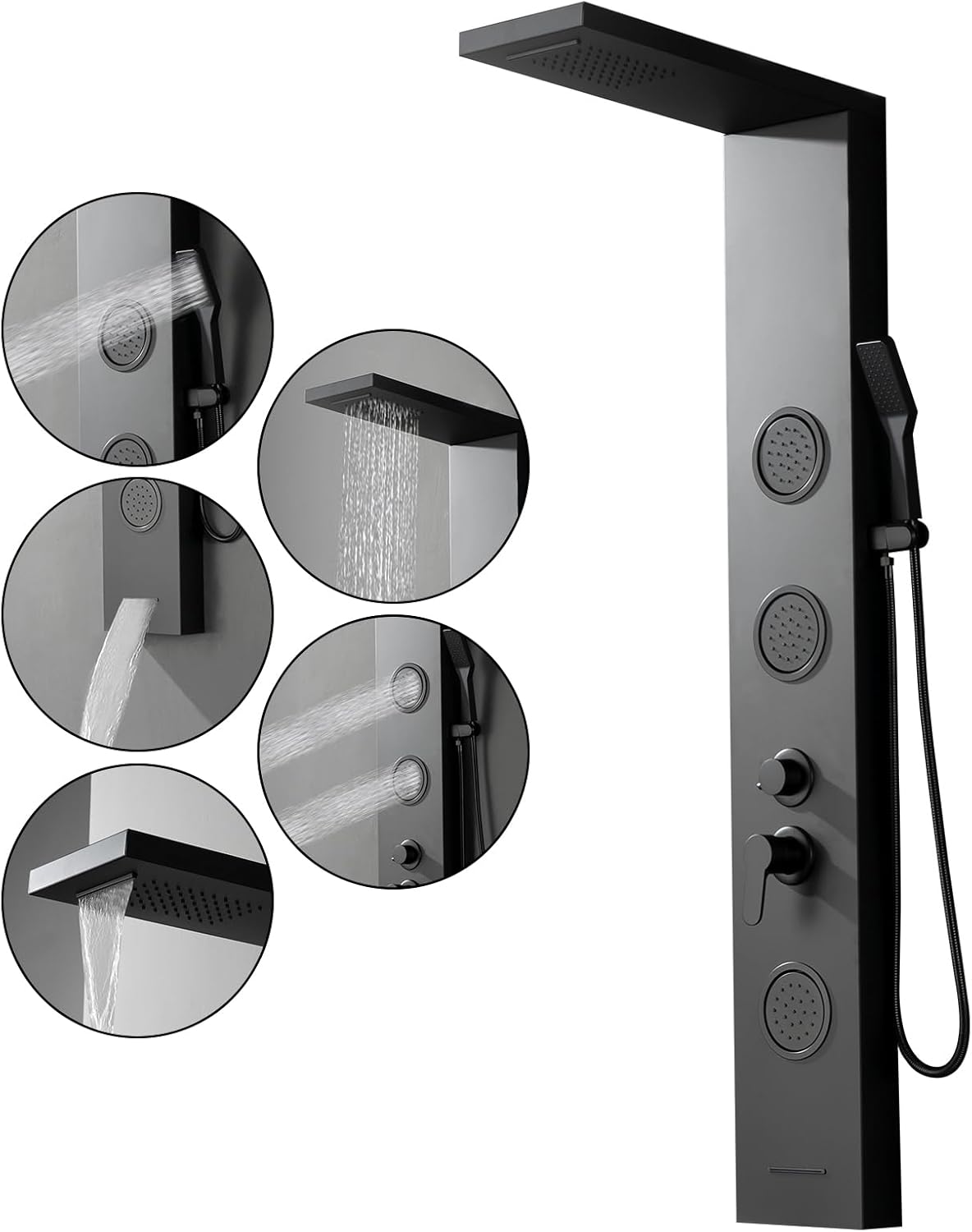 Homevacious Black Shower Panel Tower System, Rainfall Waterfall Shower Head,3 Massage Body Jets,Handheld Shower Head and Tub Spout,Wall Mounted Multi-Function Bathroom Shower Panel