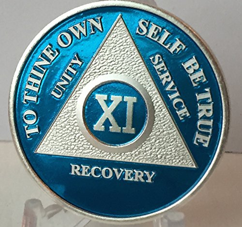 Blue & Silver Plated 11 Year Aa Alcoholics Anonymous Sobriety Medallion Chip & Vinyl Protector #TOP3