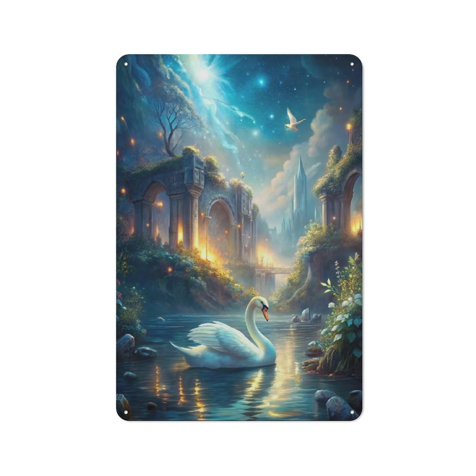 Junmoney Swan In Fantasy Landscape With Ruins Tin Wall Plaque 30X20cm With For Man Cave Or Games Room, A Housewarming Gift For Leisure-Room Decor Enthusiasts