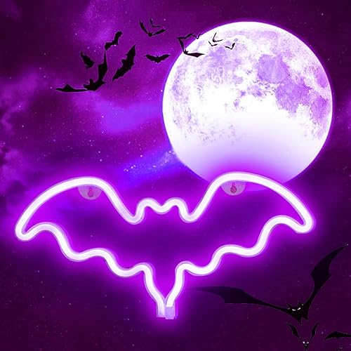 Vicila LED Neon Bat Signs Halloween Decor, Purple Bat Shape Neon Lights Gothic Battery Operated Desk Table Lamp for Bedroom, Bar, Wall, Coffin Decor-Bat(Purple) - Purple