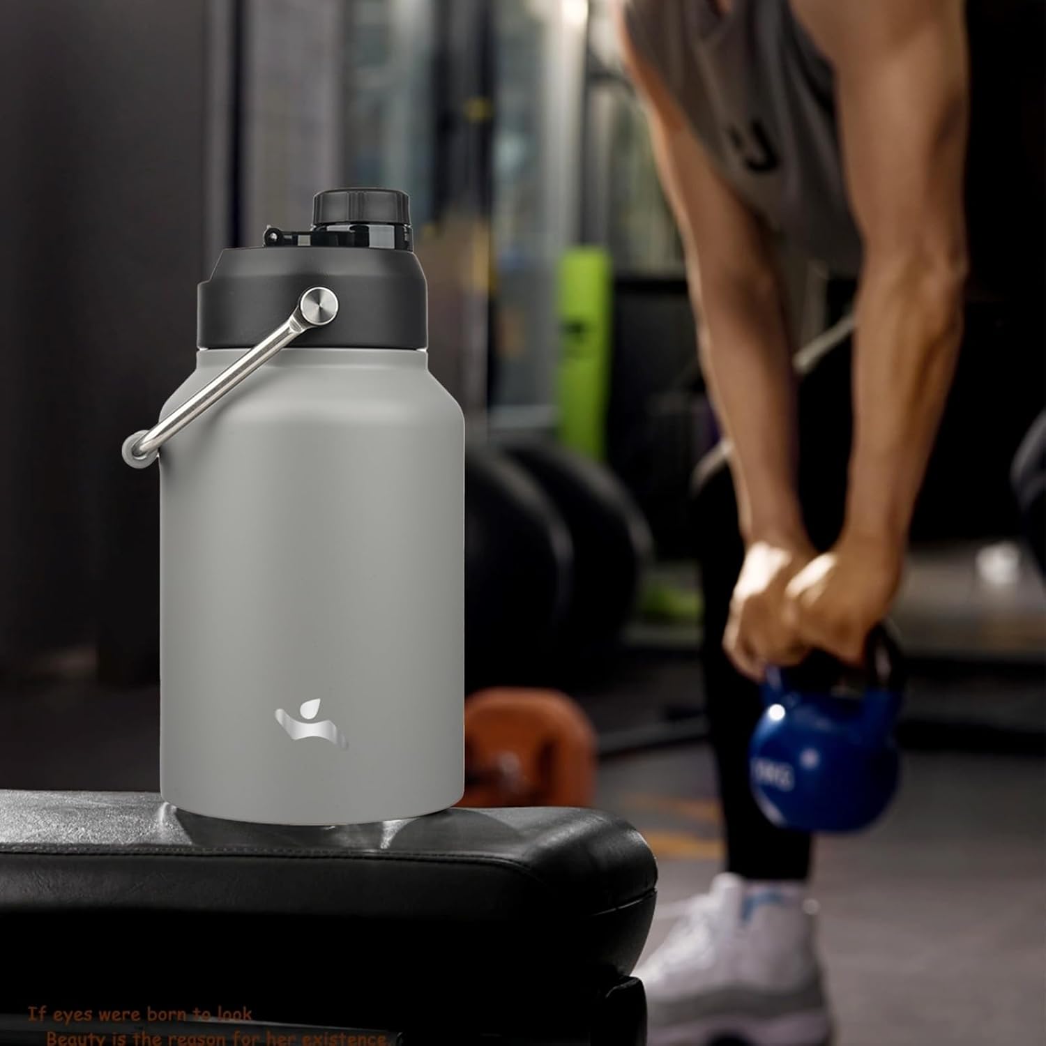 Konokyo Half Gallon Jug with Handle,64 oz Insulated Water Bottle with Carrying Pouch,Double Wall Vacuum Stainless Steel Metal Bottle,Gray