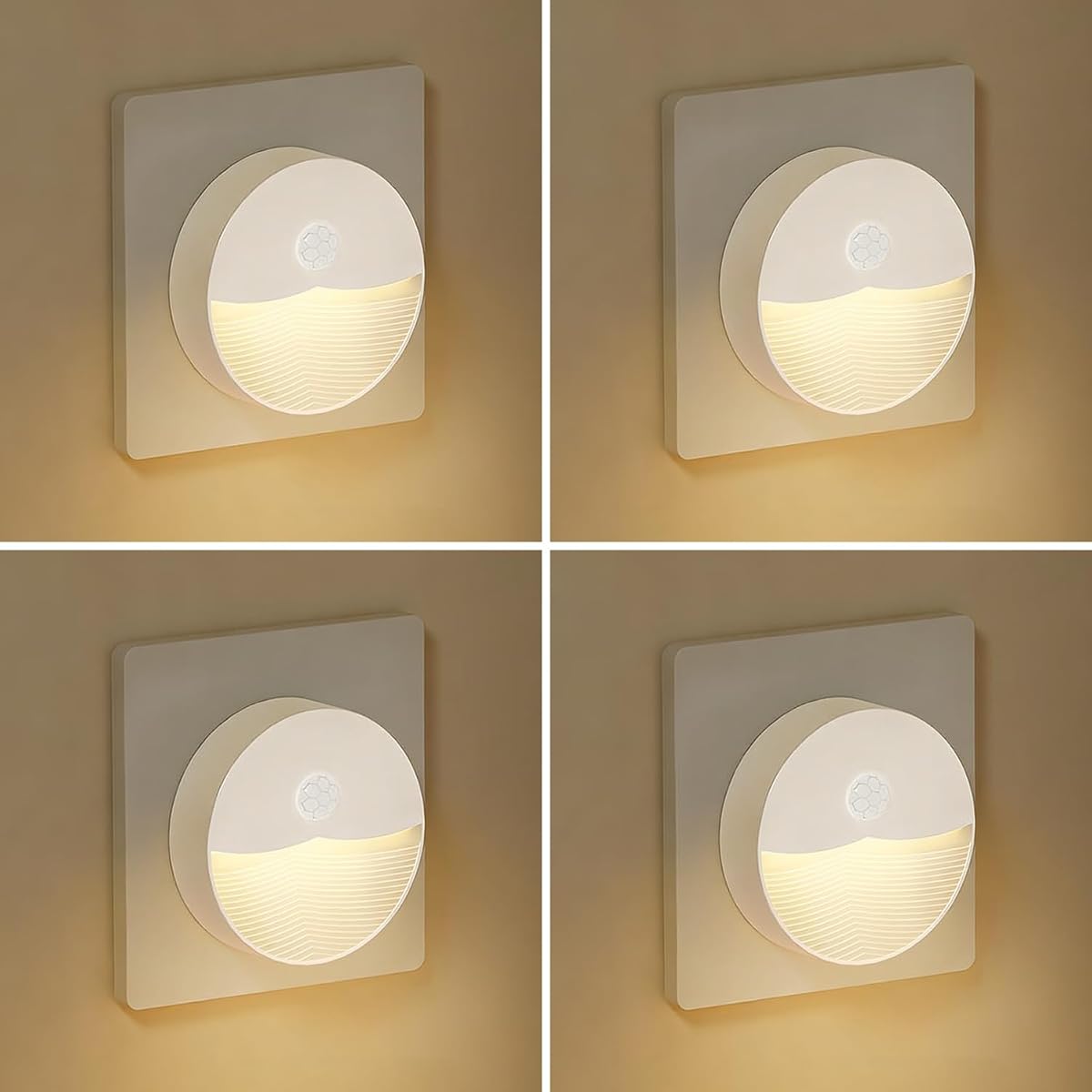 Consss Luz nocturna con sensor de movimiento enchufable, sensor de luz de atardecer a amanecer, brillo retroiluminado LED blanco cálido suave, encendido/apagado automático para baño, dormitorio, pasillo, escaleras, guardería, paquete de 4