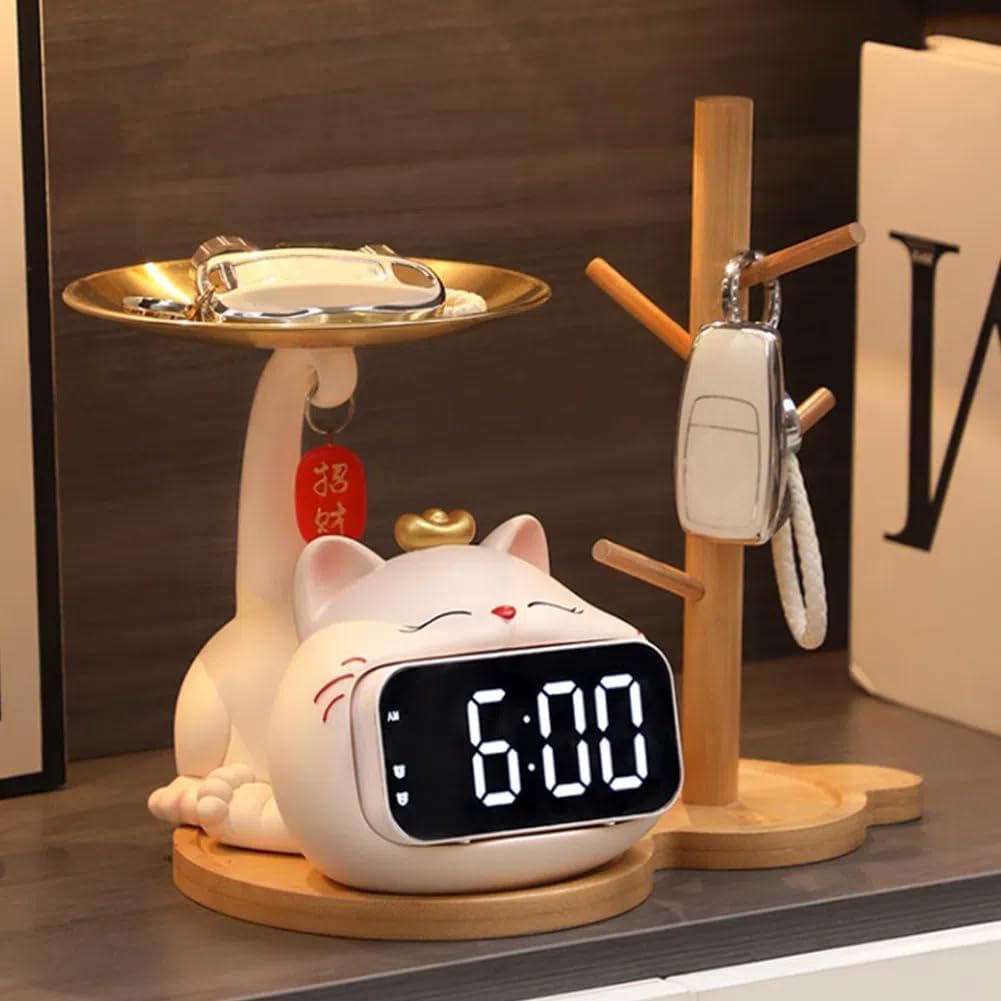 Cute Cat Desktop Clock Decoration,Smart Electronic Digital Mute Clock,Living Room Entryway Key Storage,Suitable for Housewarming Gift, Home Decoration