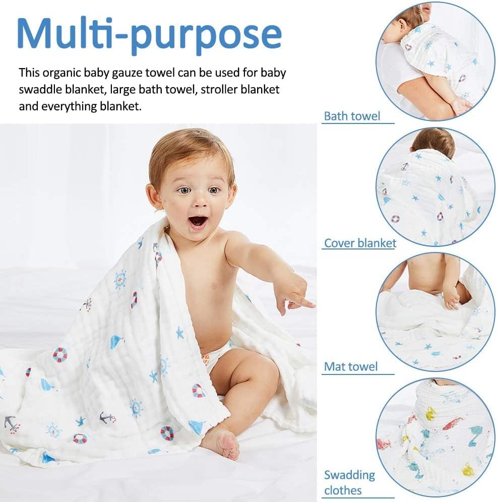 Miniatura 3 de Juego de 2 toallas de baño para bebé, manta de muselina para bebé, 6 capas de 41.5 x 41.5 pulgadas, paños de muselina de algodón extra suave (color