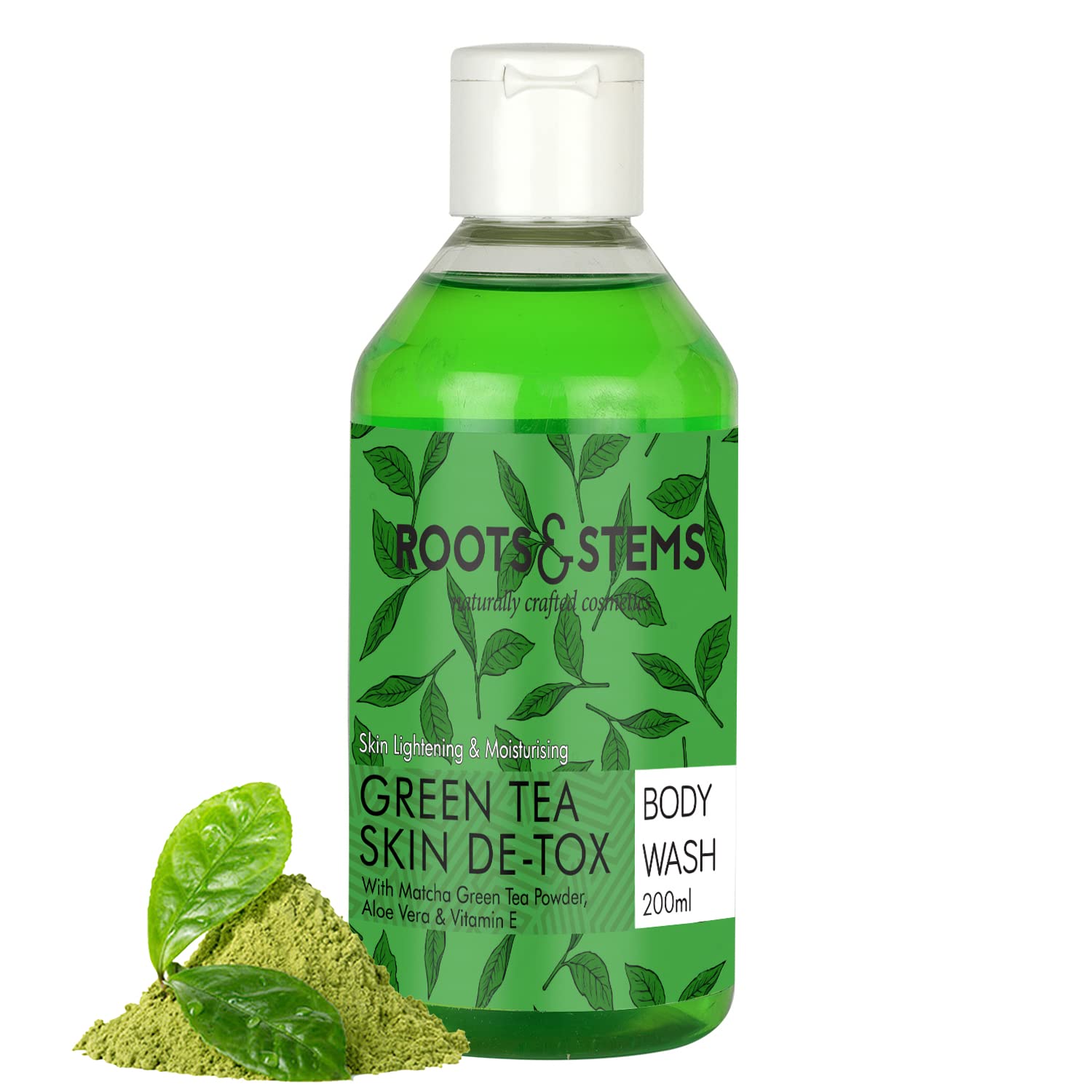 Roots & StemsGreen Tea Skin De-Tox Body Wash For pH Balancing, Gentle Body Cleanser, Anti-Inflammatory & Skin Lightening, Fights Breakouts, Soothes Redness, Glowing Complexion, 100% Natural, 200ml