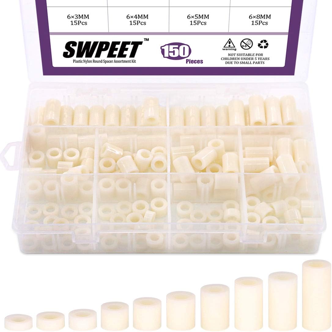 Swpeet 150Pcs Nylon Round Spacer Standoff Screw Nut Assortment Kit, Nylon PA66 Plastic Standoff OD 11mm and ID 6.2mm Length 3mm 4mm 5mm 8mm 10mm 12mm 15mm 18mm 20mm 25mm for M6 Screws Prototyping