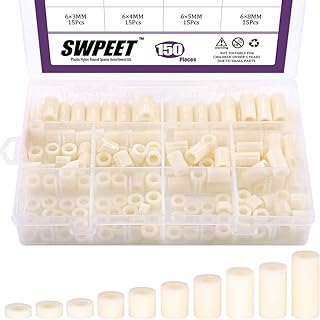 Swpeet 150Pcs Nylon Round Spacer Standoff Screw Nut Assortment Kit, Nylon PA66 Plastic Standoff OD 11mm and ID 6.2mm Length 3mm 4mm 5mm 8mm 10mm 12mm 15mm 18mm 20mm 25mm for M6 Screws Prototyping