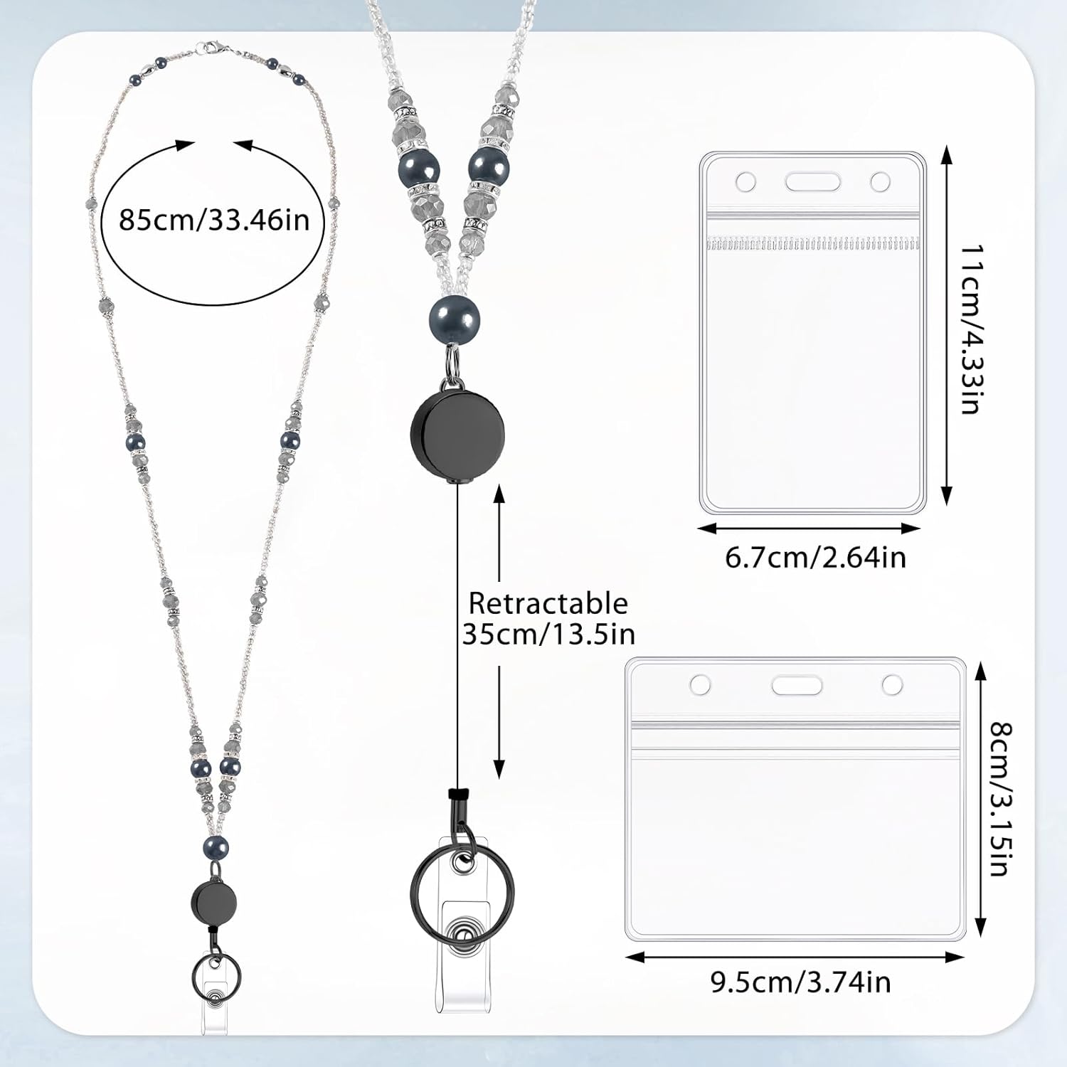 Teacher Lanyards for Id Badges and Keys, Beaded Badge Lanyard with Retractable Reel Pearl Necklace Cute Lanyards for Women (Black) - Image 2