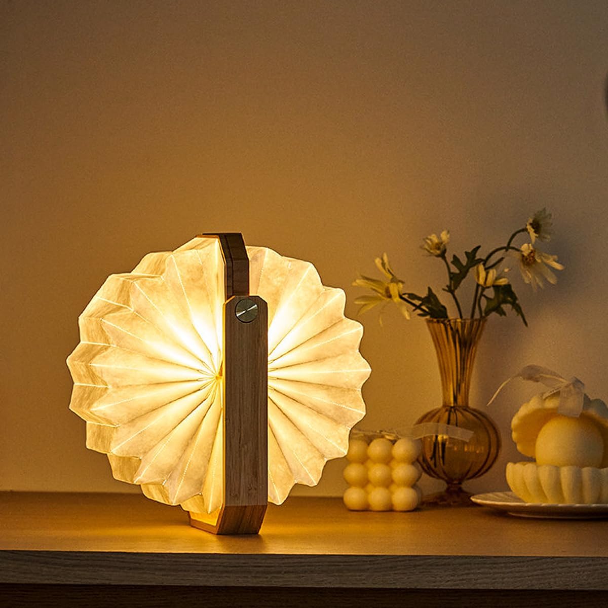 Portable Bamboo Lamp - Foldable Japanese Lantern with USB Charging, Waterproof Tear-Resistant Fiber Paper Shade, Accordion Travel Light for Home Decor Camping Gift