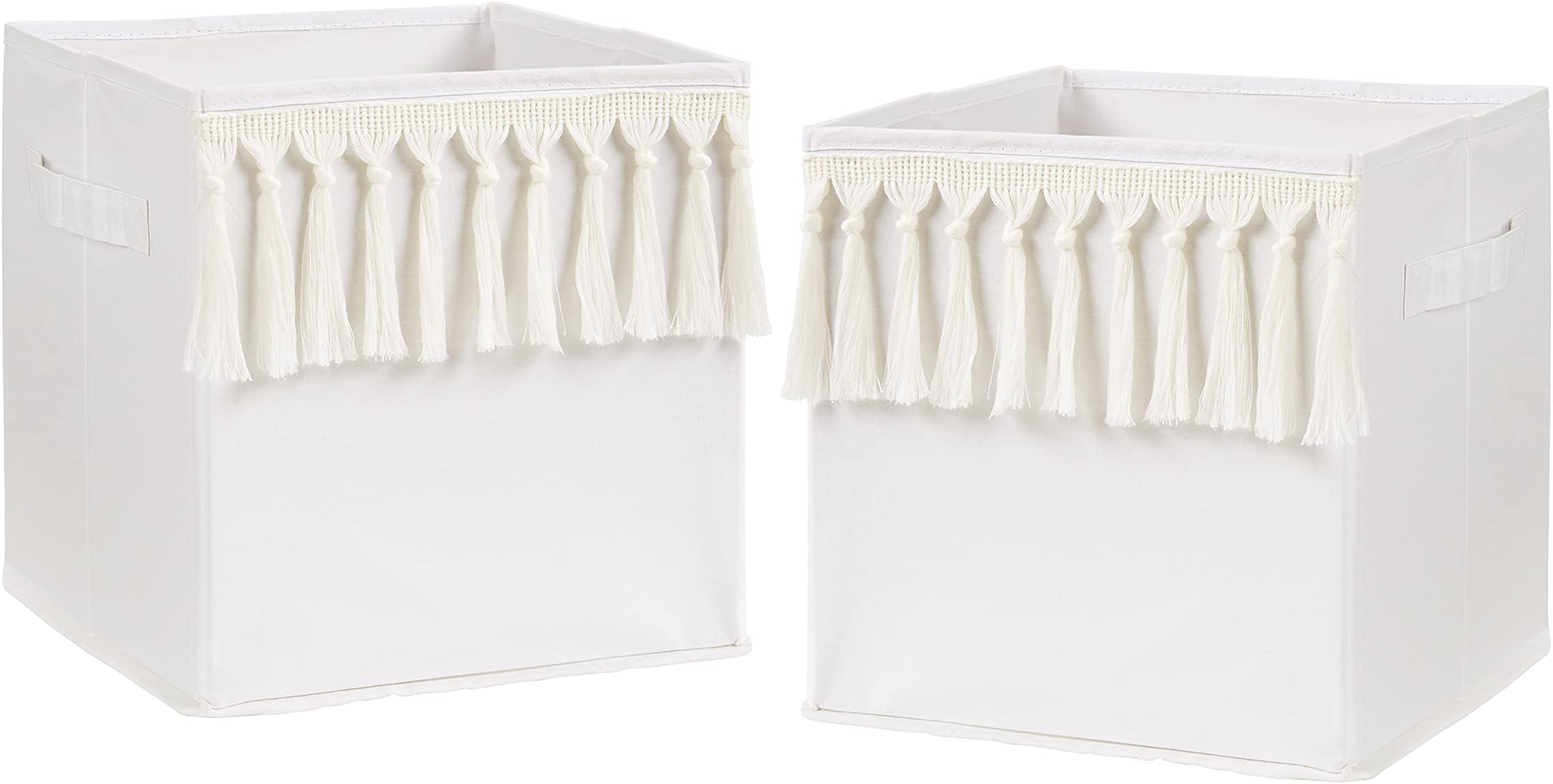 Sweet Jojo Designs Ivory Boho Bohemian Foldable Fabric Storage Cube Bins Boxes Organizer Toys Kid Baby Children - Set of 2 - Gender Neutral Solid Beige Cream Off White Farmhouse Chic Minimalist Tassel