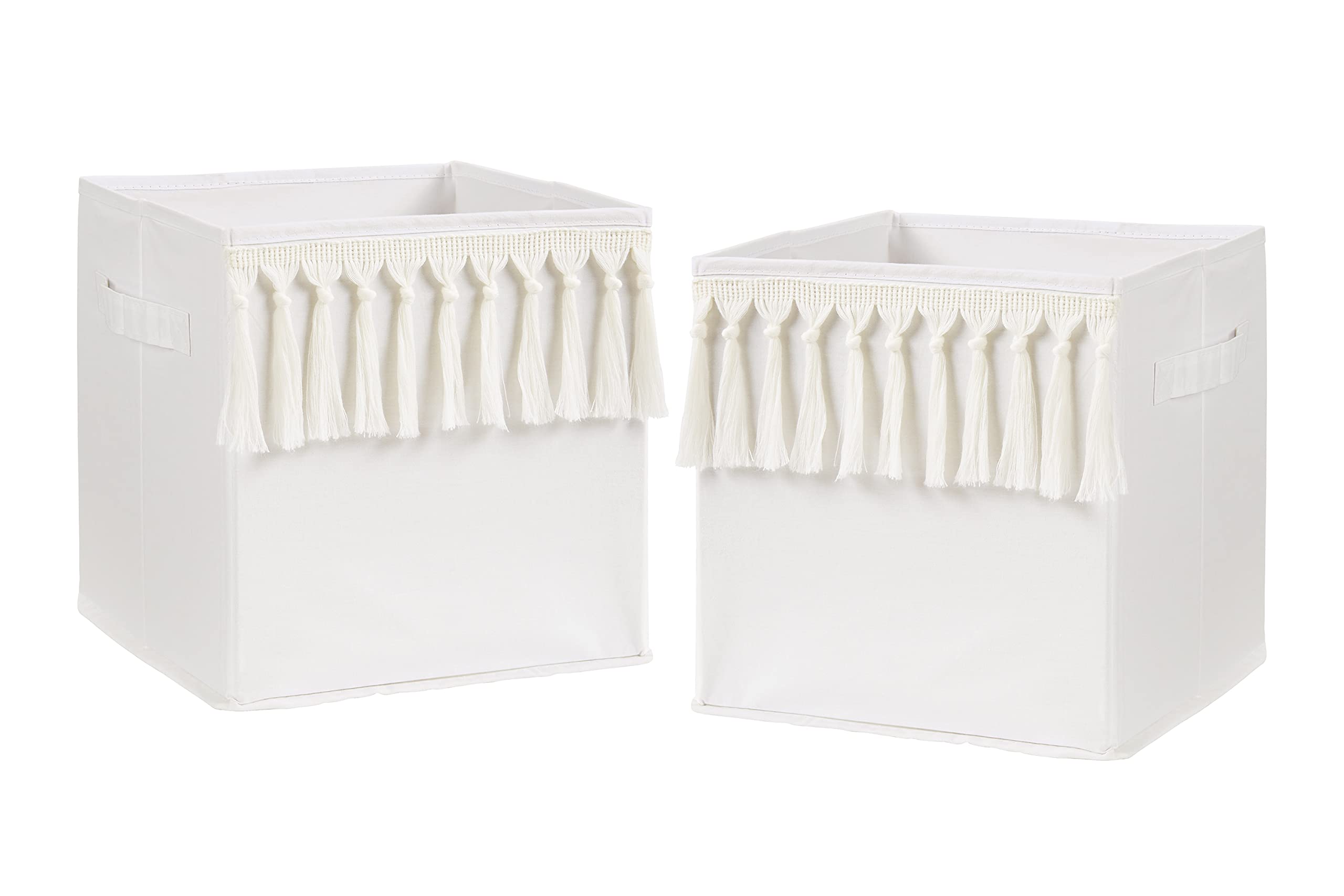 Sweet Jojo Designs Ivory Boho Bohemian Foldable Fabric Storage Cube Bins Boxes Organizer Toys Kid Baby Children - Set of 2 - Gender Neutral Solid Beige Cream Off White Farmhouse Chic Minimalist Tassel