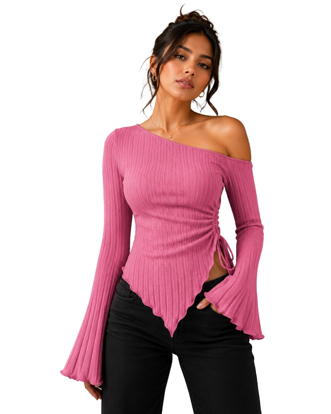 Women Ribbed Knit One Shoulder Top Long Bell Sleeve Slim Fit Casual Stylish Top for Women-picture-22