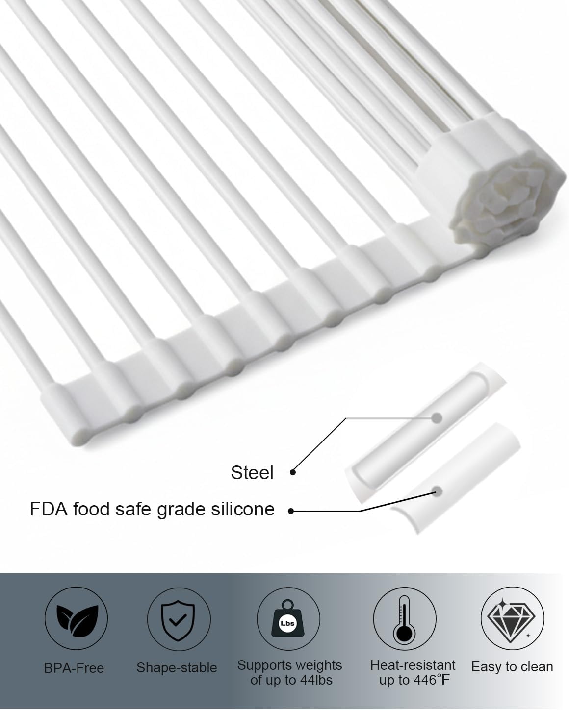 Roll Up Dish Drying Rack Over Sink, 16.93" x 12.99" Foldable Silicone Wrapped Stainless Steel Over The Sink Dish Drying Rack, White
