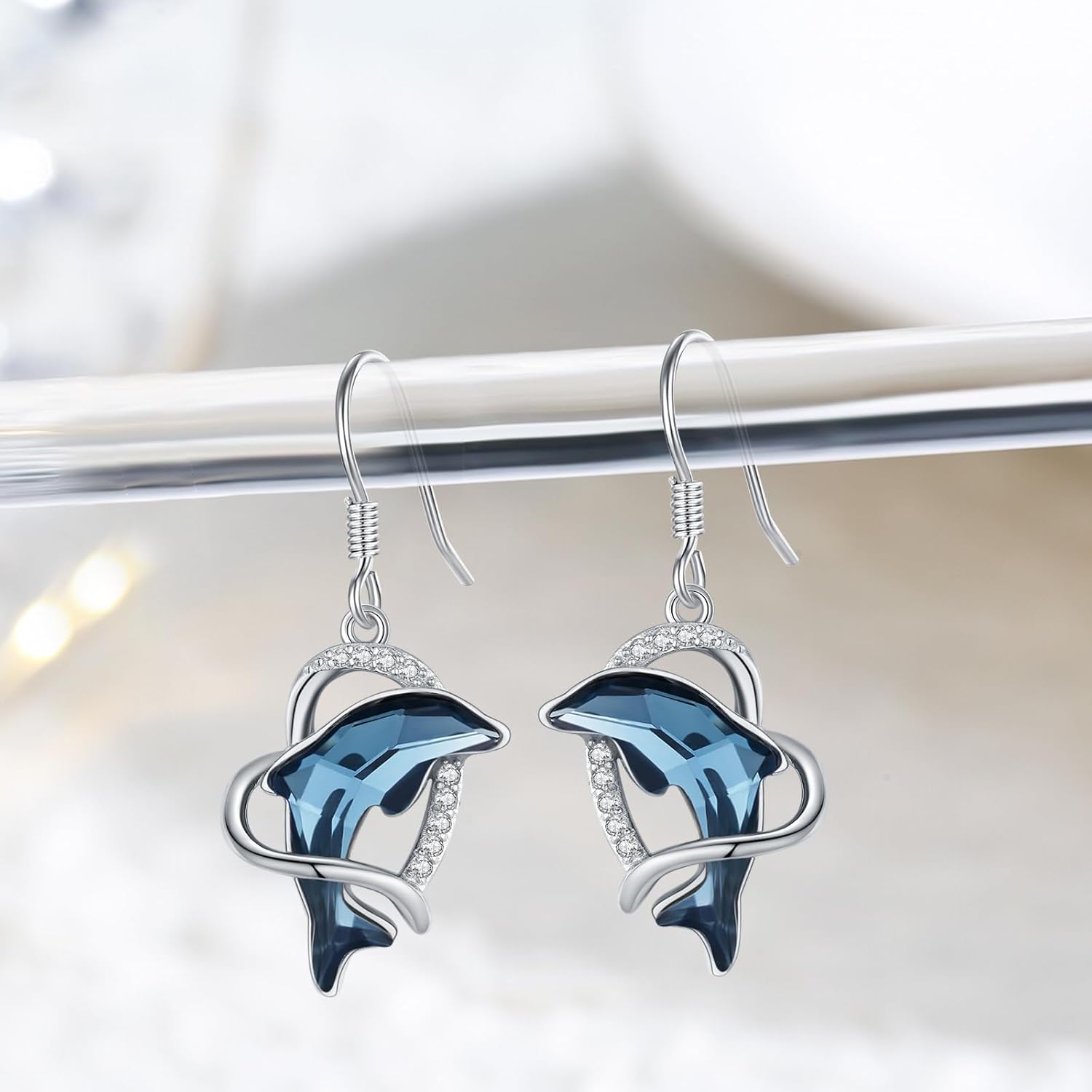 Dolphin Earrings for Women 925 Sterling Silver Blue Crystal Infinity/Heart Dolphin Earrings Animal Beach Jewelry for Women - Image 5