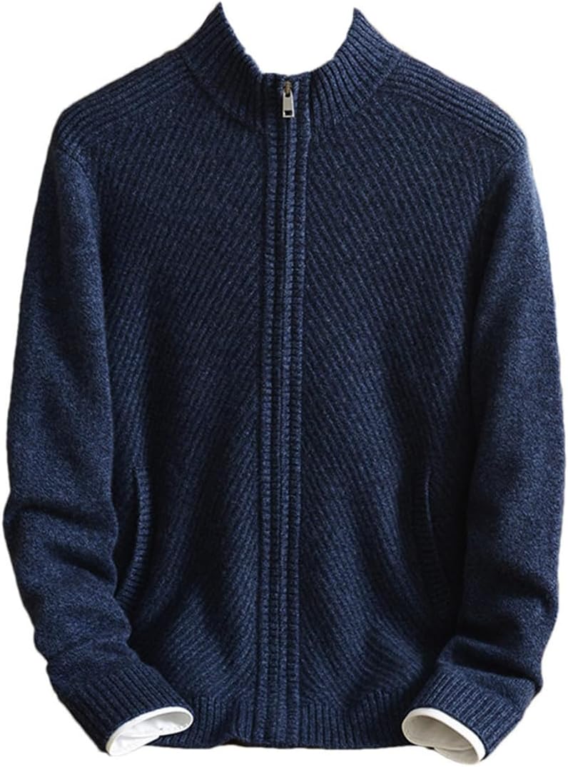 Men's 100% Cashmere Sweater Zipper Cardigan Autumn Winter Thickened Turtleneck Knitted Jacket with Pocket