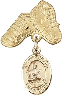 14kt Yellow Gold Baby Badge with St. Gerard Charm and Baby Boots Pin 1 X 5/8 inches