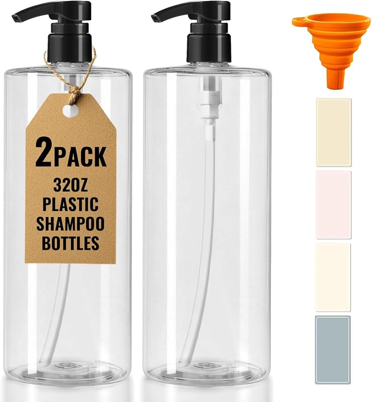 DPLASKA Frascos transparentes recarregáveis com bomba preta, 946 mL, pacote com 2